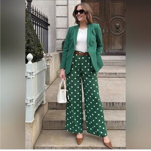 Ann Taylor Green and White Polka Dot Wide-Leg Pants